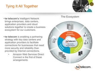 Tying It All Together

                                            The Ecosystem
• tw telecom’s Intelligent Network
  brings enterprises, data centers,
  application providers and cloud
  solutions together to create a business
  ecosystem for our customers.

• tw telecom is enabling a partnering
  strategy with key data centers and
  application providers to facilitate
  connections for businesses that need
  more security and reliability than
  provided by Internet connections.
      •   Amazon Web Services Direct
          Connect is the first of these
          arrangements
 