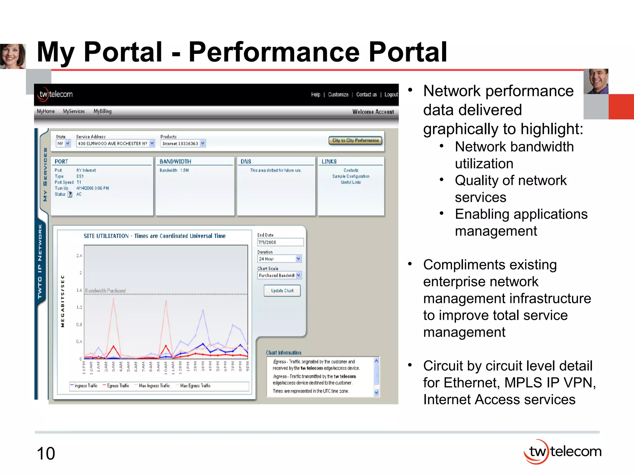 10
My Portal - Performance Portal
• Network performance
data delivered
graphically to highlight:
• Network bandwidth
utilization
• Quality of network
services
• Enabling applications
management
• Compliments existing
enterprise network
management infrastructure
to improve total service
management
• Circuit by circuit level detail
for Ethernet, MPLS IP VPN,
Internet Access services
 