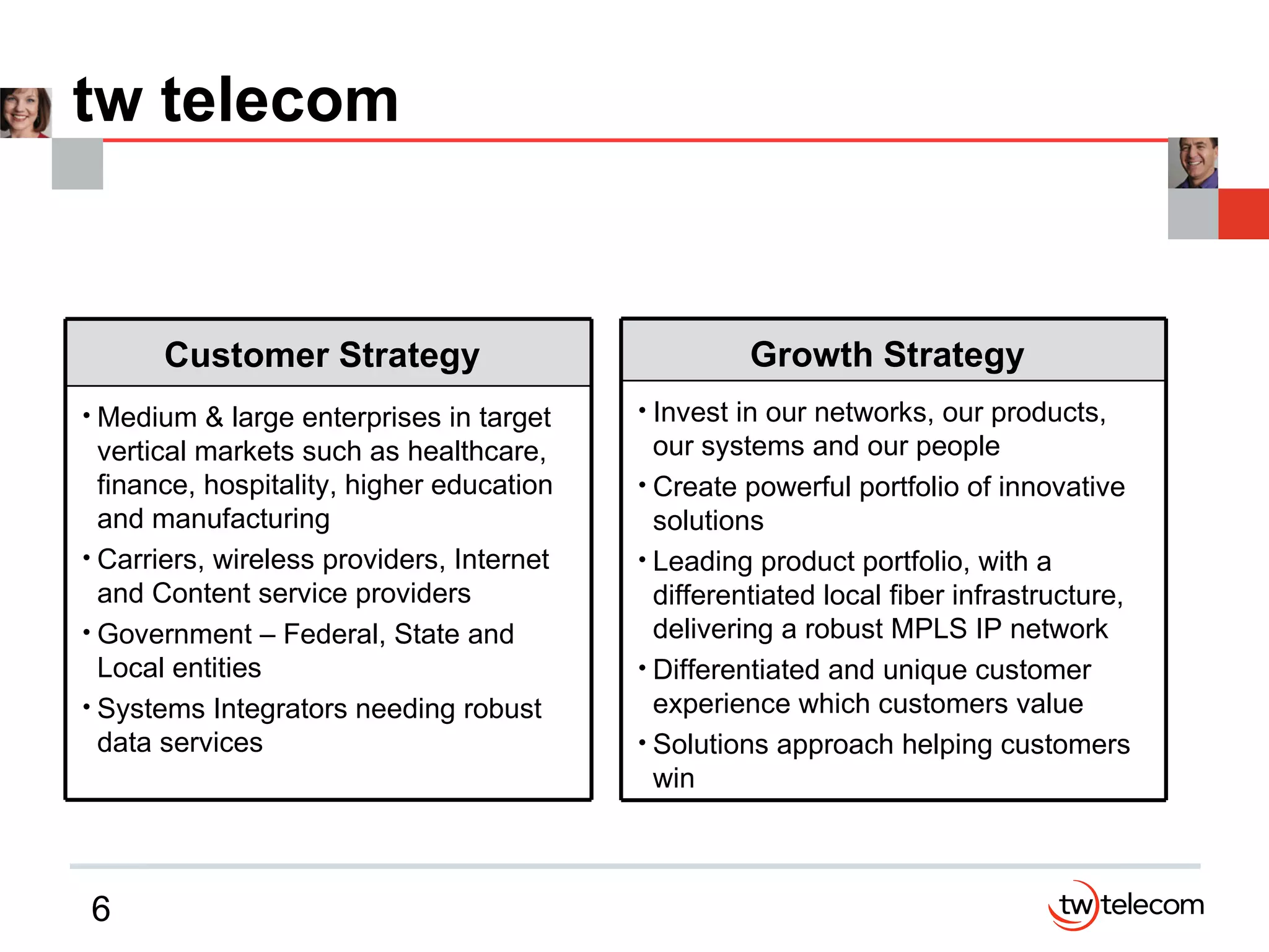 tw telecom Medium & large enterprises in target vertical markets such as healthcare, finance, hospitality, higher education and manufacturing Carriers, wireless providers, Internet and Content service providers Government – Federal, State and Local entities Systems Integrators needing robust data services Customer Strategy Invest in our networks, our products, our systems and our people Create powerful portfolio of innovative solutions Leading product portfolio, with a differentiated local fiber infrastructure, delivering a robust MPLS IP network Differentiated and unique customer experience which customers value Solutions approach helping customers win Growth Strategy 
