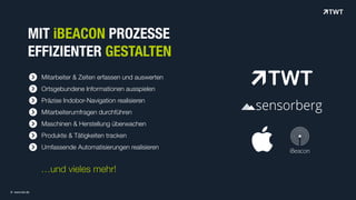 MIT iBEACON PROZESSE
EFFIZIENTER GESTALTEN
Mitarbeiter & Zeiten erfassen und auswerten
Ortsgebundene Informationen ausspielen
Präzise Indobor-Navigation realisieren
Mitarbeiterumfragen durchführen
Maschinen & Herstellung überwachen
Produkte & Tätigkeiten tracken
Umfassende Automatisierungen realisieren
(
(
(
(
(
(
(
…und vieles mehr!
© www.twt.de
 