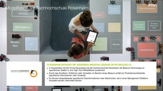 FH ROSENHEIM ENTWICKELT MIT SENSORBERG INNOVATIVE LÖSUNGEN FÜR DIE INDUSTRIE 4.0OOO	
  
▪ In Kooperation mit der Firma Sensorberg hat die Fachhochschule Rosenheim die iBeacon-Technologie an
spezifischen Stellen in ihre High-Tech-Modellfabrik positioniert
▪ Durch das Annähern, Entfernen oder Verweilen im Bereich eines iBeacon erhält ein Produktionsmitarbeiter
spezifische Informationen oder Hinweise
▪ Es können beispielsweise spezifische Ortsinformationen oder Nachrichten, die in einer Management Plattform
verwaltet werden übermittelt werden
Modellfabrik der Fachhochschule Rosenheim
© www.twt.de
 