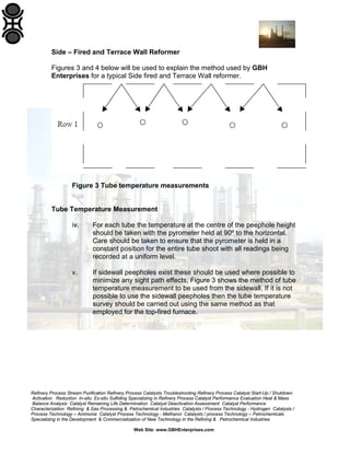 Side – Fired and Terrace Wall Reformer
Figures 3 and 4 below will be used to explain the method used by GBH
Enterprises for a typical Side fired and Terrace Wall reformer.

Figure 3 Tube temperature measurements

Tube Temperature Measurement
iv.

For each tube the temperature at the centre of the peephole height
should be taken with the pyrometer held at 90º to the horizontal.
Care should be taken to ensure that the pyrometer is held in a
constant position for the entire tube shoot with all readings being
recorded at a uniform level.

v.

If sidewall peepholes exist these should be used where possible to
minimize any sight path effects, Figure 3 shows the method of tube
temperature measurement to be used from the sidewall. If it is not
possible to use the sidewall peepholes then the tube temperature
survey should be carried out using the same method as that
employed for the top-fired furnace.

Refinery Process Stream Purification Refinery Process Catalysts Troubleshooting Refinery Process Catalyst Start-Up / Shutdown
Activation Reduction In-situ Ex-situ Sulfiding Specializing in Refinery Process Catalyst Performance Evaluation Heat & Mass
Balance Analysis Catalyst Remaining Life Determination Catalyst Deactivation Assessment Catalyst Performance
Characterization Refining & Gas Processing & Petrochemical Industries Catalysts / Process Technology - Hydrogen Catalysts /
Process Technology – Ammonia Catalyst Process Technology - Methanol Catalysts / process Technology – Petrochemicals
Specializing in the Development & Commercialization of New Technology in the Refining & Petrochemical Industries
Web Site: www.GBHEnterprises.com

 