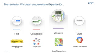 Google	
  Apps
BuildFind
Google	
  Cloud	
  Platform
Themenfelder: Wir bieten ausgewiesene Expertise für...
Visualize
Google	
  Maps	
  and	
  Earth
Collaborate
Google Enterprise
Search
© www.twt.de
 