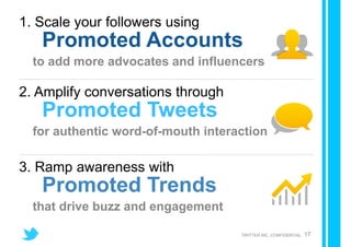 1. Scale your followers using
   Promoted Accounts
  to add more advocates and influencers

2. Amplify conversations through
   Promoted Tweets
  for authentic word-of-mouth interaction

3. Ramp awareness with
   Promoted Trends
  that drive buzz and engagement

                                    TWITTER INC. CONFIDENTIAL   17
 