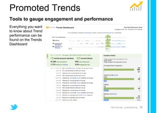 Promoted Trends
Tools to gauge engagement and performance
Everything you want
to know about Trend
performance can be
found on the Trends
Dashboard




                                        TWITTER INC. CONFIDENTIAL   32
 