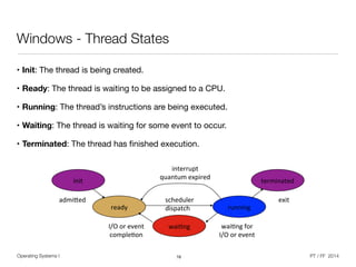 Operating Systems I PT / FF 2014
Windows - Thread States
• Init: The thread is being created.

• Ready: The thread is waiting to be assigned to a CPU.

• Running: The thread’s instructions are being executed.

• Waiting: The thread is waiting for some event to occur.

• Terminated: The thread has ﬁnished execution.
16
init$
ready$
wai+ng$
running$
terminated$
scheduler$
dispatch$
wai+ng$for$
I/O$or$event$
I/O$or$event$
comple+on$
interrupt$$
quantum$expired$
admi<ed$ exit$
 