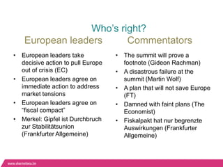 Who‟s right?
   European leaders     Commentators
• European leaders take            • The summit will prove a
  decisive action to pull Europe     footnote (Gideon Rachman)
  out of crisis (EC)               • A disastrous failure at the
• European leaders agree on          summit (Martin Wolf)
  immediate action to address      • A plan that will not save Europe
  market tensions                    (FT)
• European leaders agree on        • Damned with faint plans (The
  “fiscal compact”                   Economist)
• Merkel: Gipfel ist Durchbruch    • Fiskalpakt hat nur begrenzte
  zur Stabilitätsunion               Auswirkungen (Frankfurter
  (Frankfurter Allgemeine)           Allgemeine)
 