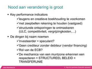 Nood aan verandering is groot
 Key performance indicators
      leugens en creatieve boekhouding te voorkomen
      met zeepbellen rekening te houden (vastgoed)
      structurele ontsporingen te ontmaskeren
       (ULC, competitiviteit, vergrijzingkosten,…)
 De dingen bij naam noemen
      Investeerder = speculant?
      Geen crediteur zonder debiteur (vendor financing)
      Rol van de ECB?
      De mechanica van een muntzone erkennen een
        respecteren = STRUCTUREEL BELEID =
        TRANSFERUNIE
                                        4. Hoe de openbare financiën saneren?
 