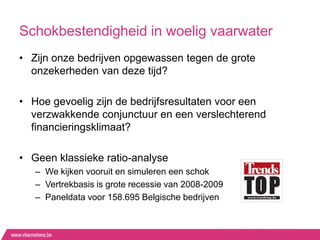 Schokbestendigheid in woelig vaarwater
• Zijn onze bedrijven opgewassen tegen de grote
  onzekerheden van deze tijd?

• Hoe gevoelig zijn de bedrijfsresultaten voor een
  verzwakkende conjunctuur en een verslechterend
  financieringsklimaat?

• Geen klassieke ratio-analyse
   – We kijken vooruit en simuleren een schok
   – Vertrekbasis is grote recessie van 2008-2009
   – Paneldata voor 158.695 Belgische bedrijven
 