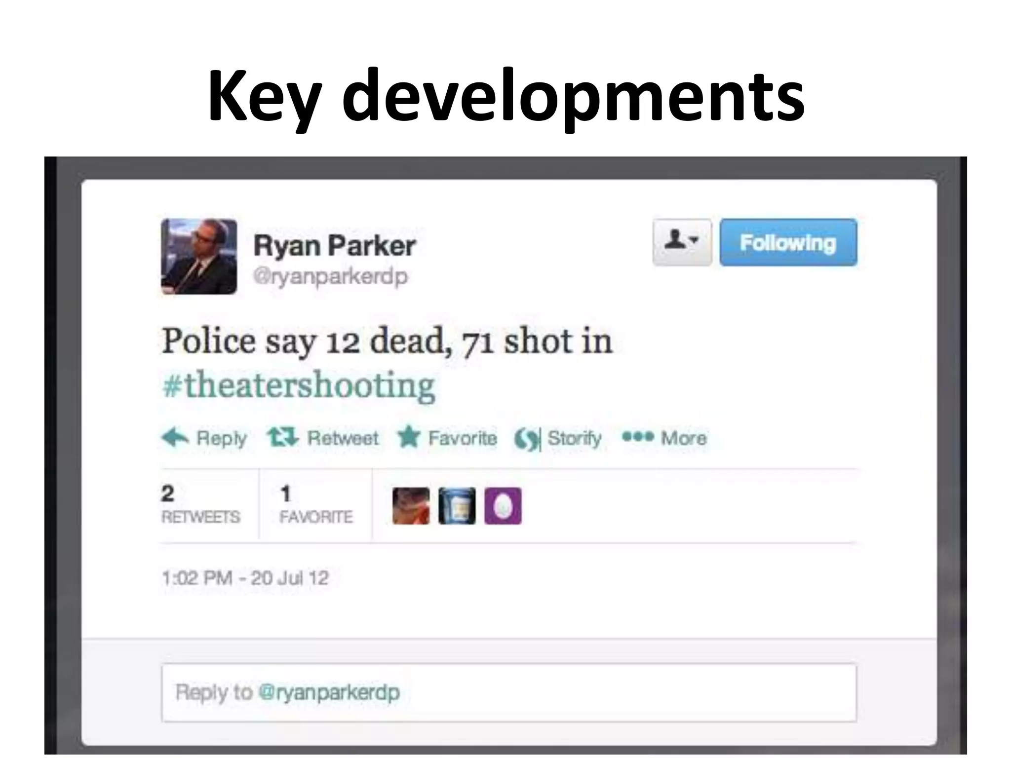 Live-tweeting situations
• Trials
• Meetings
• Sporting events (curate w/ public tweets:
  Friday Night Tweets)
• Festivals
• Breaking stories
• Remember to feed live-tweets into site
 
