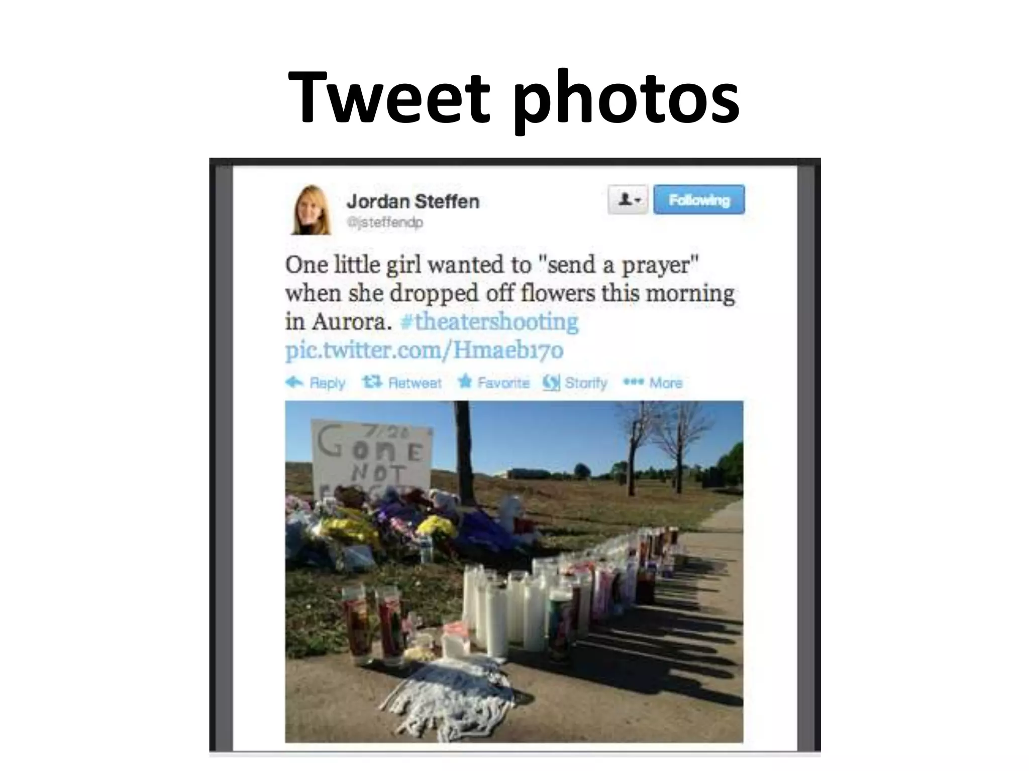 Find & follow people
• Use local search to see who’s tweeting
• Save searches for community names
• Check followers of newsroom account
• Check followers (& follows) of local
  tweeps
• Check followers of people who RT, reply
• Who follows agencies, people on beat?
 