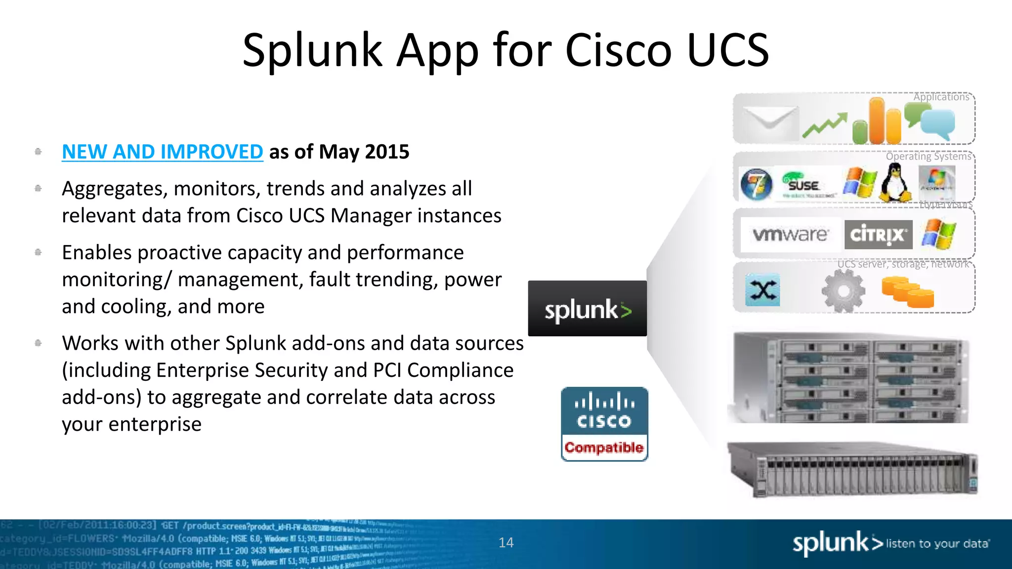 Splunk App for Cisco UCS
NEW AND IMPROVED as of May 2015
Aggregates, monitors, trends and analyzes all
relevant data from Cisco UCS Manager instances
Enables proactive capacity and performance
monitoring/ management, fault trending, power
and cooling, and more
Works with other Splunk add-ons and data sources
(including Enterprise Security and PCI Compliance
add-ons) to aggregate and correlate data across
your enterprise
14
Applications
Operating Systems
Hypervisors
UCS server, storage, network
 