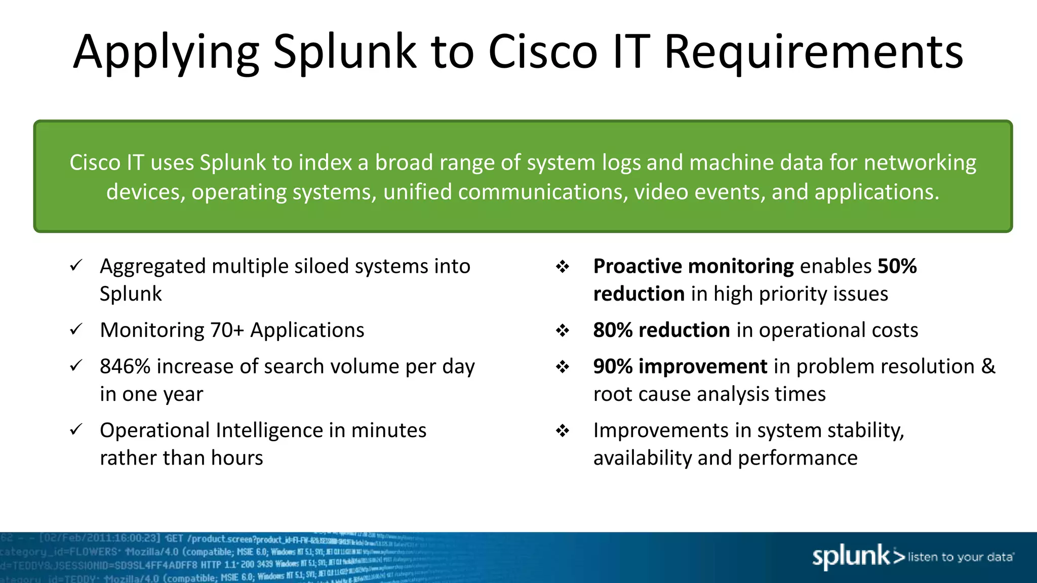 Applying Splunk to Cisco IT Requirements
 Aggregated multiple siloed systems into
Splunk
 Monitoring 70+ Applications
 846% increase of search volume per day
in one year
 Operational Intelligence in minutes
rather than hours
Cisco IT uses Splunk to index a broad range of system logs and machine data for networking
devices, operating systems, unified communications, video events, and applications.
 Proactive monitoring enables 50%
reduction in high priority issues
 80% reduction in operational costs
 90% improvement in problem resolution &
root cause analysis times
 Improvements in system stability,
availability and performance
 