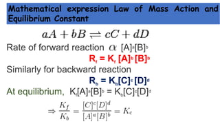 Mathematical expression Law of Mass Action and
Equilibrium Constant
Rate of forward reaction [A]a[B]b
Rf = Kf [A]b [B]b
Similarly for backward reaction
Rb = Kb[C]c [D]d
At equilibrium, Kf[A]a[B]b = Kb[C]c[D]d
 