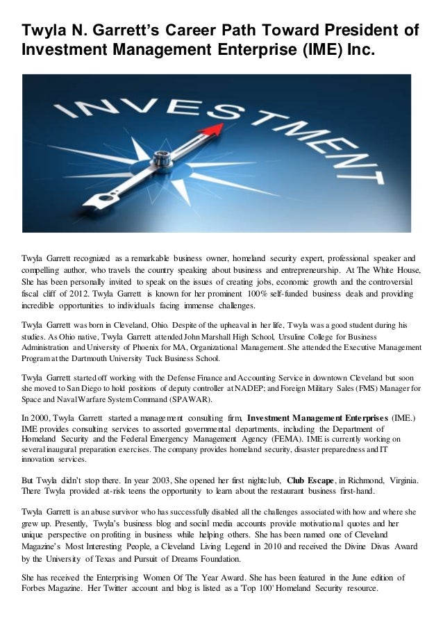 Twyla n. garrett’s career path toward president of investment