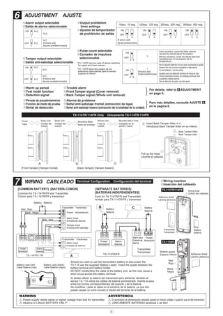 4
7 WIRING CABLEADO Terminal Configuration Configuración del terminal
TX-114TR/114FR
TX-114SR
£Wiring insertion
£Inserción del cableado
Wiring hole
Orificio del cableado
Battery
Batería
Transmitter
Transmisor
Adhesive sheet
Lámina adhesiva
Power supply needs same or higher voltage than that for transmitter.
Alkaline or Lithium BATTERY ONLY!
El suministro de alimentación necesita poseer el mismo voltaje o superior que el del transmisor.
¡ÚNICAMENTE BATERÍAS alcalinas o de litio!
WARNING ADVERTENCIA
Adhesive sheet
Lámina adhesiva
Bottom space
Espacio inferior
Red
Rojo
Black
Negro
[COMMON BATTERY] [BATERÍA COMÚN]
Common for TX-114TR/FR and Transmitter
Común para TX-114TR/FR y transmisor
[SEPARATE BATTERIES]
[BATERÍAS INDEPENDIENTES]
Each for TX-114TR/FR and Transmitter
Ambas para TX-114TR/FR y transmisor
B C
TX-114TR/FR
Transmitter
Transmisor
Power
Alimentación
Alarm input
Entrada de
alarma
Alarm
Alarma
Power
Alimentación
Battery
Batería
Battery
Batería
6 ADJUSTMENT AJUSTE
[Factory set]
[Ajuste predeterminado]
OFF
ON
10sec. 10 seg. 120sec. 120 seg. 300sec. 300 seg. 900sec. 900 seg.
3 4
OFF
ON
3 4
OFF
ON
3 4
OFF
ON
3 4
5
5
6
6
ON
ON
OFF
OFF
3
1
Whole Unit
Toda la
unidad
Back Tamper Killer
Back Tamper killer
Insert Back Tamper Killer in it.
Introduzca Back Tamper Killer en su interior.
Pull up the head.
Levante el cabezal.
Body Unit
Unidad del
cuerpo
Body Unit
Unidad del
cuerpo
Cover
Tapa
Mounting Base
Base de montaje
Mounted Wall or Pole
Instalado en la
pared o barra
[Factory set]
[Ajuste predeterminado]
Less sensitive; prevents false alarms
caused by temperature fluctuation.
Menos sensitivo; evita las falsas alarmas
causadas por la fluctuación de la
temperatura.
£Output prohibition
timer settings
£Ajustes de temporizador
de prohibición de salida
£Pulse count selectable
£Contador de impulsos
seleccionable
[Back Tamper] [Tamper trasero][Front Tamper] [Tamper frontal]
1
2
A CB
*TX-114FR has two sets of above switches
for upper and lower sensor.
*TX-114FR tiene dos juegos de los
anteriores interruptores para el sensor
superior e inferior.
£Warm up period
£Test mode function
£Detection signal
£Trouble alarm
£Front Tamper signal (Cover removal)
£Back Tamper signal (Whole unit removal)
£Período de precalentamiento
£Función de modo de prueba
£Señal de detección
£Alarma de problema
£Señal anti-sabotaje frontal (extracción de tapa)
£Señal anti-sabotaje trasera (extracción de la totalidad de la unidad)
For details, refer to ADJUSTMENT
on page 6.
Para más detalles, consulte AJUSTE
en la página 8.
TX-114TR/114FR Only Únicamente TX-114TR/114FR
6
6
Set for sensitive detection of even small movements by people,
however this may be more susceptible to false alarms.
For wall detection, use this setting.
Ajustado para una detección sensitiva de incluso el más
mínimo movimiento humano, sin embargo podría ser más
susceptible a falsas alarmas.
Para la detección de pared, use este ajuste.
Battery Lead (red)
Cable Batería (rojo)
Battery Lead (black)
Cable Batería (negro)
Should you wish to use the transmitters battery to also power the
TX-114 use the supplied 'Battery Leads'. Insert the spade between the
battery terminal and battery holder.
DO NOT modify/strip the cable at the battery end, as this may cause a
short circuit across the battery terminal.
Si desea utilizar la batería del transmisor para alimentar también al
sensor TX-114 utilize los cables de batería suministrado. Inserte la para
entre los bornes correspondientes del soporte y de la batería.
No modificar / pelar el cable en el extremo de la batería, ya que ello
puede causar un corto circuito a través del terminal de la batería.
Transmitter Transmisor
Red Rojo
Black Negro
Blue Azul
Green Verde
Tamper input
Entrada anti-sabotaje
Alarm input
Entrada de alarma
Alarm input
Entrada de alarma
TX-114TR / FR
Power Alimentación
*Transmitter Transmisor
A
Alarm
Alarma
Power
Alimentación
Tamper
Battery Batería
1
N.O.
N.O.
N.O.
N.C.
[Factory set]
[Ajuste predeterminado]
N.C.
N.C.
[Factory set]
[Ajuste predeterminado]
N.C.
N.O.ON
OFF
1
2
ON
OFF
2
£Alarm output selectable
£Salida de alarma seleccionable
£Tamper output selectable
£Salida anti-sabotaje seleccionable
 