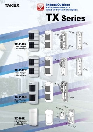 Lens
Lens
Back Tamper
TX space
Back Tamper
TX space
Dual PIR
Dual PIR
Lens
Lens
Dual PIR
TX space
Dual PIR
TX-114FR
Triple Tamper
180°Coverrage
TX-114TR
Triple Tamper
90°Coverrage
TX-114SR
Basic Version
90°Coverrage
TX-103R
64° Wide angle
or 20m Curtain
protection
Lens
PIR
Case
Battery Snap
TX space
Indoor/Outdoor
Battery Operated PIR’ s
with Low Current Consumption
TX Series
 