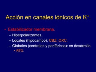 Acción en canales iónicos de K+.
• Estabilizador membrana.
– Hiperpolarizantes.
– Locales (hipocampo): CBZ, OXC.
– Globales (centrales y periféricos): en desarrollo.
• RTG.
 