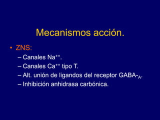Mecanismos acción.
• ZNS:
– Canales Na++.
– Canales Ca++ tipo T.
– Alt. unión de ligandos del receptor GABA-A.
– Inhibición anhidrasa carbónica.
 