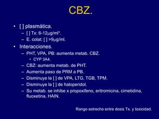 CBZ.
• [ ] plasmática.
– [ ] Tx: 6-12mg/ml*.
– E. colat: [ ] >9mg/ml.
• Interacciones.
– PHT, VPA, PB: aumenta metab. CBZ.
• CYP 3A4.
– CBZ: aumenta metab. de PHT.
– Aumenta paso de PRM a PB.
– Disminuye la [ ] de VPA, LTG, TGB, TPM.
– Disminuye la [ ] de haloperidol.
– Su metab. se inhibe x propoxifeno, eritromicina, cimetidina,
fluoxetina, HAIN.
Rango estrecho entre dosis Tx. y toxicidad.
 