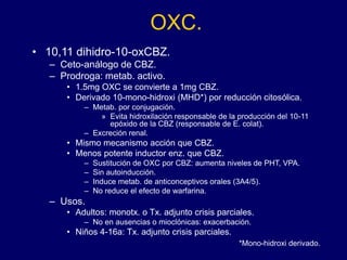 OXC.
• 10,11 dihidro-10-oxCBZ.
– Ceto-análogo de CBZ.
– Prodroga: metab. activo.
• 1.5mg OXC se convierte a 1mg CBZ.
• Derivado 10-mono-hidroxi (MHD*) por reducción citosólica.
– Metab. por conjugación.
» Evita hidroxilación responsable de la producción del 10-11
epóxido de la CBZ (responsable de E. colat).
– Excreción renal.
• Mismo mecanismo acción que CBZ.
• Menos potente inductor enz. que CBZ.
– Sustitución de OXC por CBZ: aumenta niveles de PHT, VPA.
– Sin autoinducción.
– Induce metab. de anticonceptivos orales (3A4/5).
– No reduce el efecto de warfarina.
– Usos.
• Adultos: monotx. o Tx. adjunto crisis parciales.
– No en ausencias o mioclónicas: exacerbación.
• Niños 4-16a: Tx. adjunto crisis parciales.
*Mono-hidroxi derivado.
 