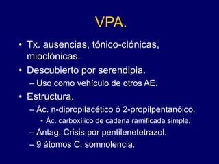 VPA.
• Tx. ausencias, tónico-clónicas,
mioclónicas.
• Descubierto por serendipia.
– Uso como vehículo de otros AE.
• Estructura.
– Ác. n-dipropilacético ó 2-propilpentanóico.
• Ác. carboxílico de cadena ramificada simple.
– Antag. Crisis por pentilenetetrazol.
– 9 átomos C: somnolencia.
 