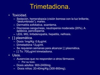 Trimetadiona.
• Toxicidad.
– Sedación, hemeralopsia (visión borrosa con la luz brillante,
“deslumbrado”), mareo.
– Dermatitis exfoliativa, exantema.
– Discrasias sanguíneas, neutropenia moderada (20%), A.
aplásica, pancitopenia.
– LEG, MG, linfadenopatía, hepatitis, nefrosis.
• [ ] plasmática.
– Dosis 1mg/Kg: 0.6mg/ml.
– Dimetadiona 12mg/ml.
– Se requieren semanas para alcanzar [ ] plasmática.
– [ ] Tx: 700mg/ml trimetadiona.
• Usos.
– Ausencias que no responden a otros fármacos.
• Por su toxic.
– Dosis adultos: 900-2400mg.
– Dosis niños: 20-40mg/Kg (300-900mg).
 