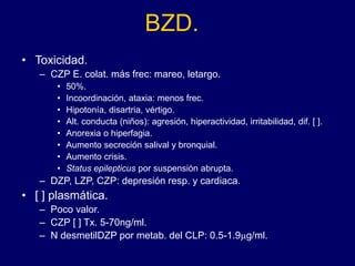 BZD.
• Toxicidad.
– CZP E. colat. más frec: mareo, letargo.
• 50%.
• Incoordinación, ataxia: menos frec.
• Hipotonía, disartria, vértigo.
• Alt. conducta (niños): agresión, hiperactividad, irritabilidad, dif. [ ].
• Anorexia o hiperfagia.
• Aumento secreción salival y bronquial.
• Aumento crisis.
• Status epilepticus por suspensión abrupta.
– DZP, LZP, CZP: depresión resp. y cardiaca.
• [ ] plasmática.
– Poco valor.
– CZP [ ] Tx. 5-70ng/ml.
– N desmetilDZP por metab. del CLP: 0.5-1.9mg/ml.
 