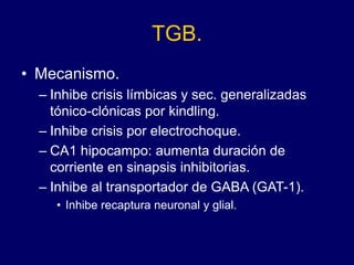 TGB.
• Mecanismo.
– Inhibe crisis límbicas y sec. generalizadas
tónico-clónicas por kindling.
– Inhibe crisis por electrochoque.
– CA1 hipocampo: aumenta duración de
corriente en sinapsis inhibitorias.
– Inhibe al transportador de GABA (GAT-1).
• Inhibe recaptura neuronal y glial.
 