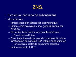 ZNS.
• Estructura: derivado de sulfonamidas.
• Mecanismo.
– Inhibe extensión tónica por electrochoque.
– Inhibe crisis parciales y sec. generalizadas por
kindling.
– No inhibe fase clónica por pentilenetetrazol.
• No útil v/s mioclónicas.
– Enlentecimiento de la tasa de recuperación de la
inactivación de canales Na+ voltaje-dependientes.
• Inhibe disparo sostenido de neuronas espinales.
– Inhibe corriente T Ca++.
 