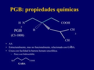 H2N COOH
GABA
H
2
N COOH
H
CH
3
CH
3
PGB
(CI-1008)
• AA
• Estructuralmente, mas no funcionalmente, relacionada con GABA.
• Cruza con facilidad la barrera hemato-encefálica.
– Pese a ser hidrosoluble.
PGB: propiedades químicas
 