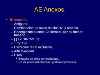 AE Anexos.
• Bromuros.
– Antiguos.
– Combinación de sales de Na+, K+ y amonio.
– Reemplazan a iones Cl- intracel. por su menor
tamaño.
– [ ] Tx: 10-15mEq/L.
– T ½: 12d.
– Excreción renal exclusiva.
– Alta toxicidad.
– Usos.
• Eficaces en crisis generalizadas.
• De los pocos utilizables en porfiria intermitente.
 