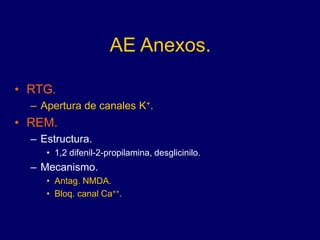 AE Anexos.
• RTG.
– Apertura de canales K+.
• REM.
– Estructura.
• 1,2 difenil-2-propilamina, desglicinilo.
– Mecanismo.
• Antag. NMDA.
• Bloq. canal Ca++.
 