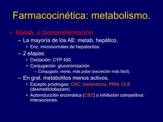 Farmacocinética: metabolismo.
• Metab. o biotransformación.
– La mayoría de los AE: metab. hepático.
• Enz. microsomales de hepatocitos.
– 2 etapas:
• Oxidación: CYP 450.
• Conjugación: glucoronización.
– Conjugado: inerte, más polar (excreción más fácil).
– En gral. metabolitos menos activos.
• Excepto prodrogas: OXC, fosfenitoína, PRM, CLB
(desmetilclobazam).
• Autoinducción enzimática (CBZ) o inhibición competitiva:
interacciones.
 