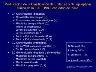 Modificación de la Clasificación de Epilepsia y Sx. epilépticos
clínica de la ILAE, 1989, con edad de inicio.
• 2.1 Generalizada idiopática.
– Neonatal familiar benigna (N).
– Convulsiones neonatales benignas (N).
– Mioclónica benigna infantil (C).
– Infantil de ausencia (C).
– Juvenil de ausencia (C, A).
– Juvenil mioclónica (C, A).
– Tónico-clónica al despertar (C, A).
– Tónico-clónica aleatorizada (C, A).
• 2.2 Generalizada sintomática.
– Sx. de West (espasmos infantiles) (I).
– Sx. De Lennox-Gastaut (C).
• 2.3 Generalizada idiopática o sintomática.
– Mioclónica benigna infantil (I).
– Mioclónica severa infantil (I).
– Mioclono-astática (I).
– Mioclónica progresiva (C, A).
Epilepsia 1989;30:389-399
N: Neonatal <2m.
I: infancy 2-12m.
C: childhood 1-12a.
A: juvenile, adult >12a.
 