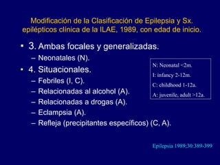 Modificación de la Clasificación de Epilepsia y Sx.
epilépticos clínica de la ILAE, 1989, con edad de inicio.
• 3. Ambas focales y generalizadas.
– Neonatales (N).
• 4. Situacionales.
– Febriles (I, C).
– Relacionadas al alcohol (A).
– Relacionadas a drogas (A).
– Eclampsia (A).
– Refleja (precipitantes específicos) (C, A).
Epilepsia 1989;30:389-399
N: Neonatal <2m.
I: infancy 2-12m.
C: childhood 1-12a.
A: juvenile, adult >12a.
 