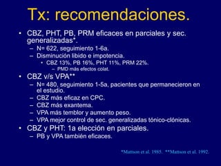 Tx: recomendaciones.
• CBZ, PHT, PB, PRM eficaces en parciales y sec.
generalizadas*.
– N= 622, seguimiento 1-6a.
– Disminución libido e impotencia.
• CBZ 13%, PB 16%, PHT 11%, PRM 22%.
– PMD más efectos colat.
• CBZ v/s VPA**
– N= 480, seguimiento 1-5a, pacientes que permanecieron en
el estudio.
– CBZ más eficaz en CPC.
– CBZ más exantema.
– VPA más temblor y aumento peso.
– VPA mejor control de sec. generalizadas tónico-clónicas.
• CBZ y PHT: 1a elección en parciales.
– PB y VPA también eficaces.
*Mattson et al. 1985. **Mattson et al. 1992.
 