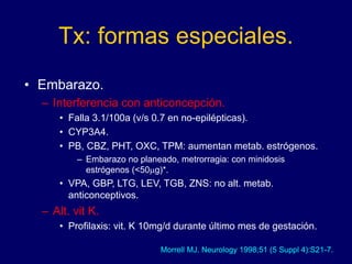 Tx: formas especiales.
• Embarazo.
– Interferencia con anticoncepción.
• Falla 3.1/100a (v/s 0.7 en no-epilépticas).
• CYP3A4.
• PB, CBZ, PHT, OXC, TPM: aumentan metab. estrógenos.
– Embarazo no planeado, metrorragia: con minidosis
estrógenos (<50mg)*.
• VPA, GBP, LTG, LEV, TGB, ZNS: no alt. metab.
anticonceptivos.
– Alt. vit K.
• Profilaxis: vit. K 10mg/d durante último mes de gestación.
Morrell MJ. Neurology 1998;51 (5 Suppl 4):S21-7.
 