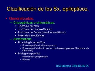 Clasificación de los Sx. epilépticos.
• Generalizadas.
– Criptogénicas o sintomáticas.
• Síndrome de West
• Síndrome de Lennox-Gastaut
• Síndrome de Doose (mioclono-astáticas)
• Ausencias mioclónicas
– Sintomáticas.
• Sin etiología específica
– Encefalopatía mioclónica precoz
– Encefalopatía infantil precoz con brote-supresión (Síndrome de
Ohtahara)
• Etiología específica
– Mioclónicas progresivas
– Diversa
ILAE Epilepsia 1989;30:389-99.
 