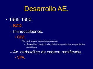 Desarrollo AE.
• 1965-1990.
–BZD.
–Iminoestilbenos.
• CBZ.
– Rel. químicam. con clorpromacina.
» Serendipia: mejoría de crisis concomitantes en pacientes
psicóticos.
–Ác. carboxílico de cadena ramificada.
• VPA.
 