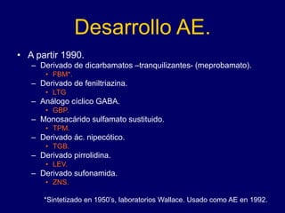 Desarrollo AE.
• A partir 1990.
– Derivado de dicarbamatos –tranquilizantes- (meprobamato).
• FBM*.
– Derivado de feniltriazina.
• LTG
– Análogo cíclico GABA.
• GBP.
– Monosacárido sulfamato sustituido.
• TPM.
– Derivado ác. nipecótico.
• TGB.
– Derivado pirrolidina.
• LEV.
– Derivado sufonamida.
• ZNS.
*Sintetizado en 1950’s, laboratorios Wallace. Usado como AE en 1992.
 