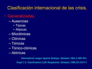 Clasificación internacional de las crisis.
• Generalizadas.
– Ausencias
• Típicas
• Atípicas
– Mioclónicas
– Clónicas
– Tónicas
– Tónico-clónicas
– Atónicas
International League Against Epilepsy. Epilepsia 1981;2:489-501.
Engel J Jr. Classifications ILAE Reappraisal. Epilepsia 1988;39:1014-7.
 