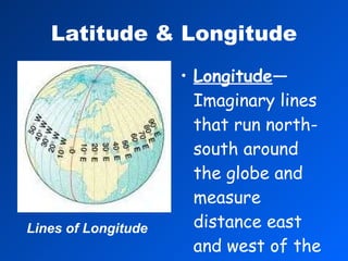 Latitude & Longitude Longitude —Imaginary lines that run north-south around the globe and measure distance east and west of the prime meridian Lines of Longitude 