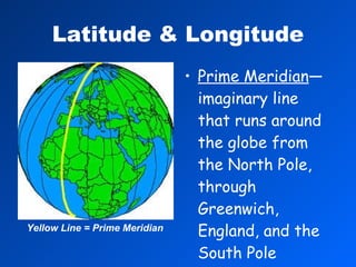 Latitude & Longitude Prime Meridian —imaginary line that runs around the globe from the North Pole, through Greenwich, England, and the South Pole Yellow Line = Prime Meridian 