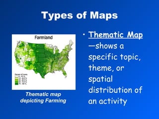 Types of Maps Thematic Map —shows a specific topic, theme, or spatial distribution of an activity Thematic map depicting Farming 