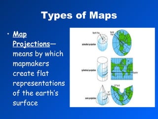 Types of Maps Map Projections —means by which mapmakers create flat representations of the earth’s surface 