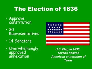 The Election of 1836 Approve constitution  30 Representatives 14 Senators Overwhelmingly approved annexation U.S. Flag in 1836:  Texans desired American annexation of Texas 