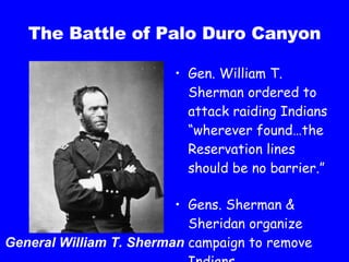 The Battle of Palo Duro Canyon Gen. William T. Sherman ordered to attack raiding Indians “wherever found…the Reservation lines should be no barrier.” Gens. Sherman & Sheridan organize campaign to remove Indians General William T. Sherman 