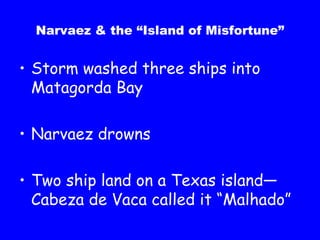 Narvaez & the “Island of Misfortune” Storm washed three ships into Matagorda Bay Narvaez drowns Two ship land on a Texas island—Cabeza de Vaca called it “Malhado” 