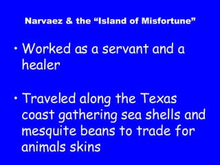 Worked as a servant and a healer Traveled along the Texas coast gathering sea shells and mesquite beans to trade for animals skins Narvaez & the “Island of Misfortune” 